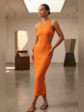 June Collection Ribbed Orange Knit Bodycon Midi Cut Out Dress Size M